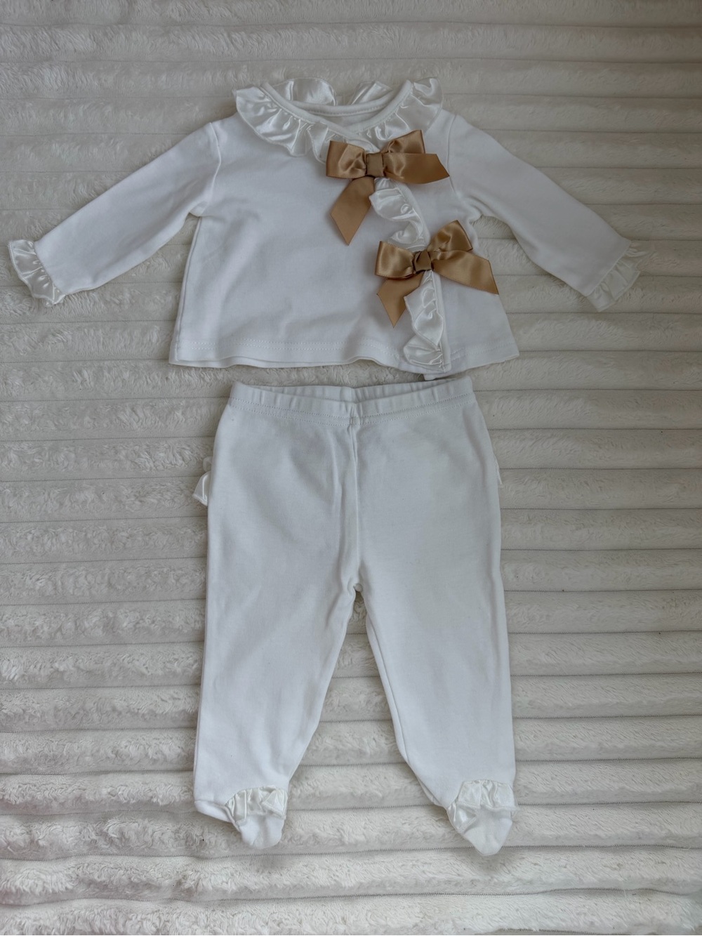 White Baby Pajama Set with Satin Tan Bows
